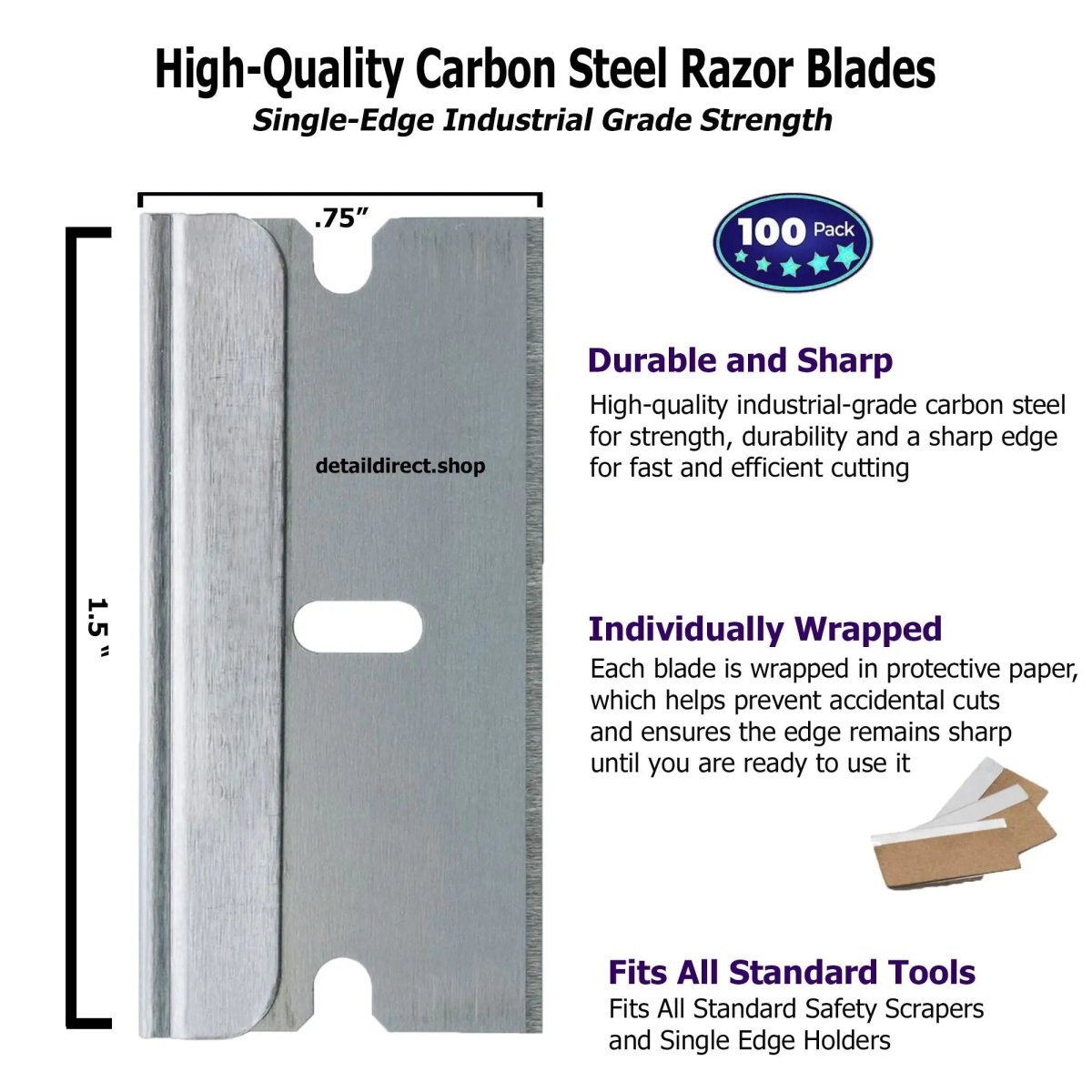AccuTec PRO Steel Back Single Edge Razor Blade 100 Pack - Detail Direct