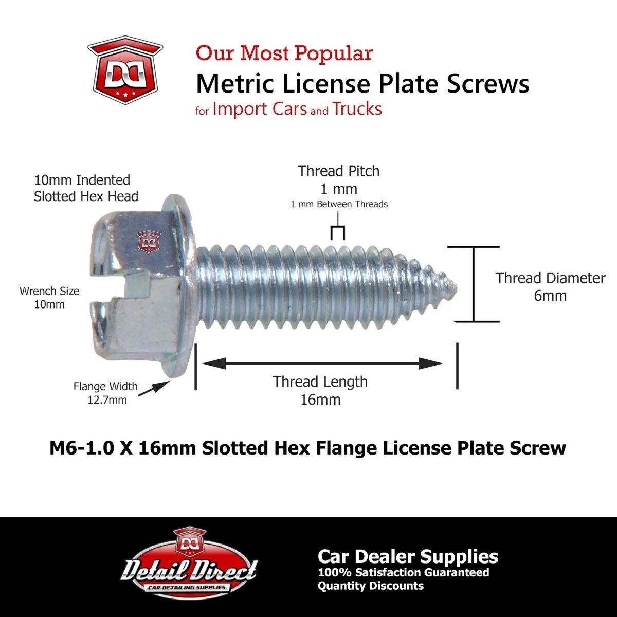 DETAIL DIRECT License Plate Screws Metric Hex Head 6mm x 16mm (100 Pack) - Detail Direct