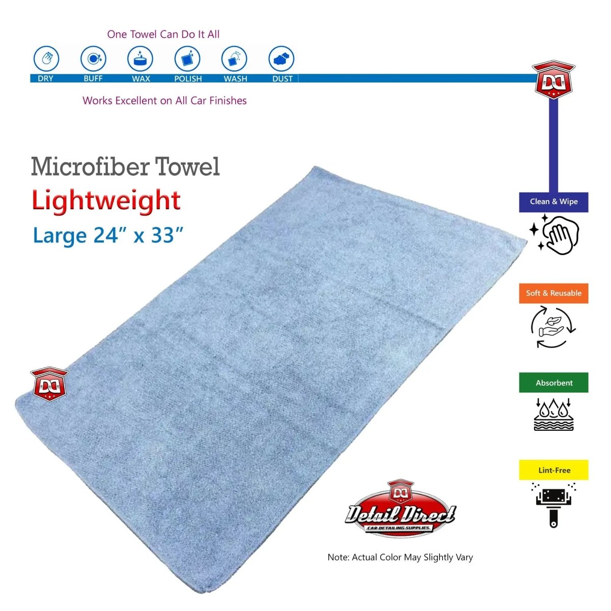 DETAIL DIRECT Microfiber Towel Lightweight Jumbo 24" x 33" Blue - Detail Direct