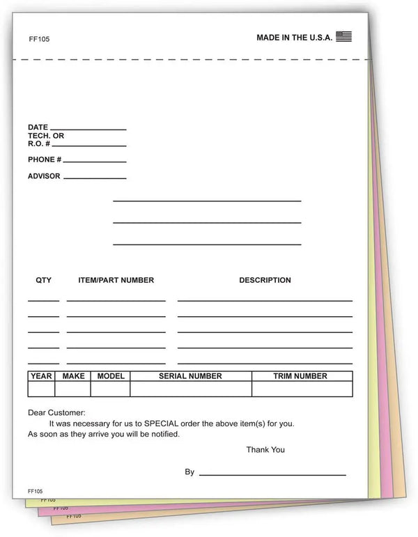 4-Part Auto Dealer Special Parts Order Forms - Stock (Package of 100 ...