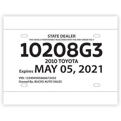 Blank Printable Tear Resistant Temporary Tags for Car Dealerships - 5 Mil - 2 Tear - Off Portions (Package of 100) - Detail Direct