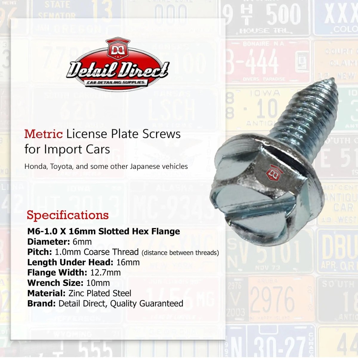 DETAIL DIRECT License Plate Screws Metric Hex Head 6mm x 16mm (100 Pack) - Detail Direct