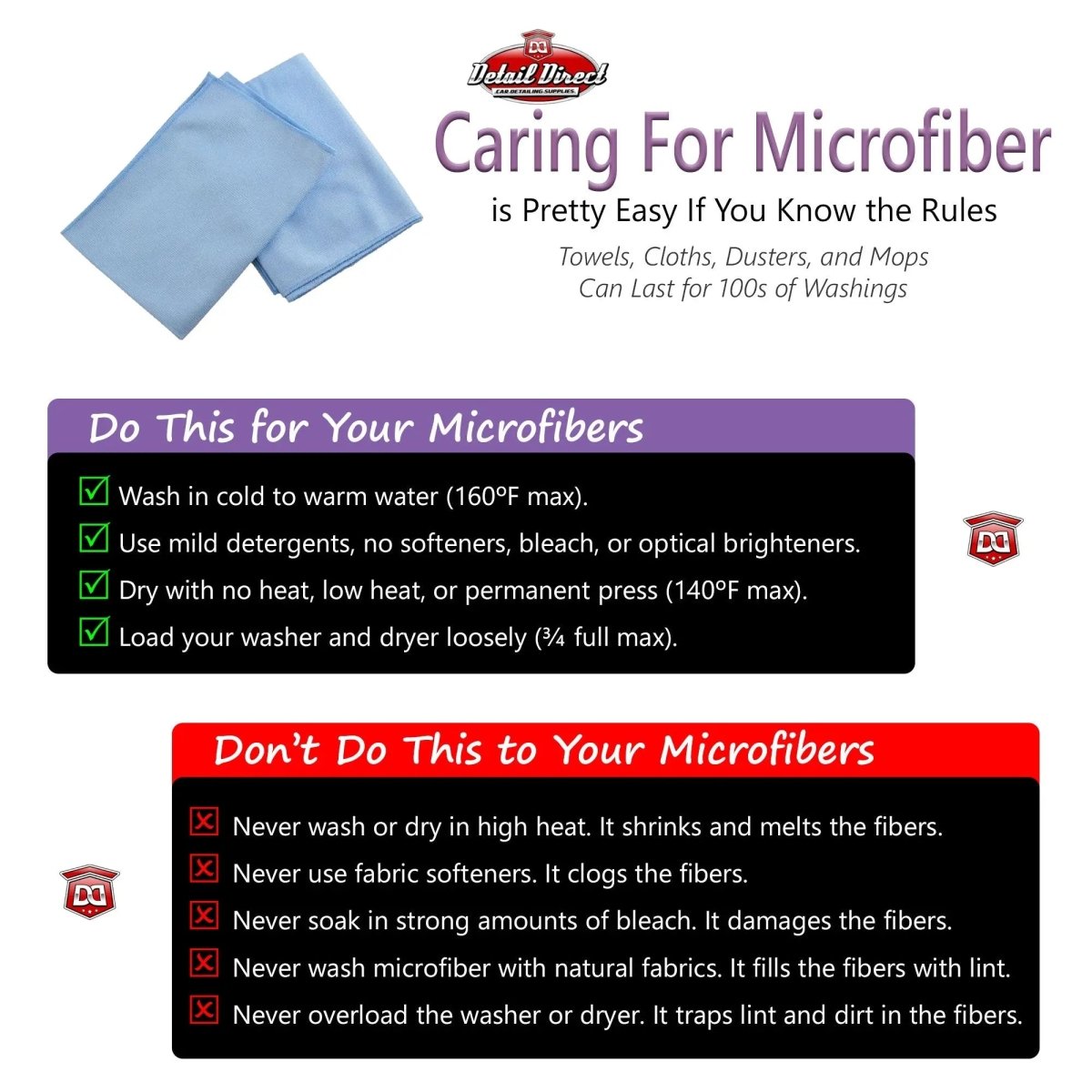DETAIL DIRECT Microfiber Glass Cleaning Towels 16 in x 16 in (12 Pack) - Detail Direct