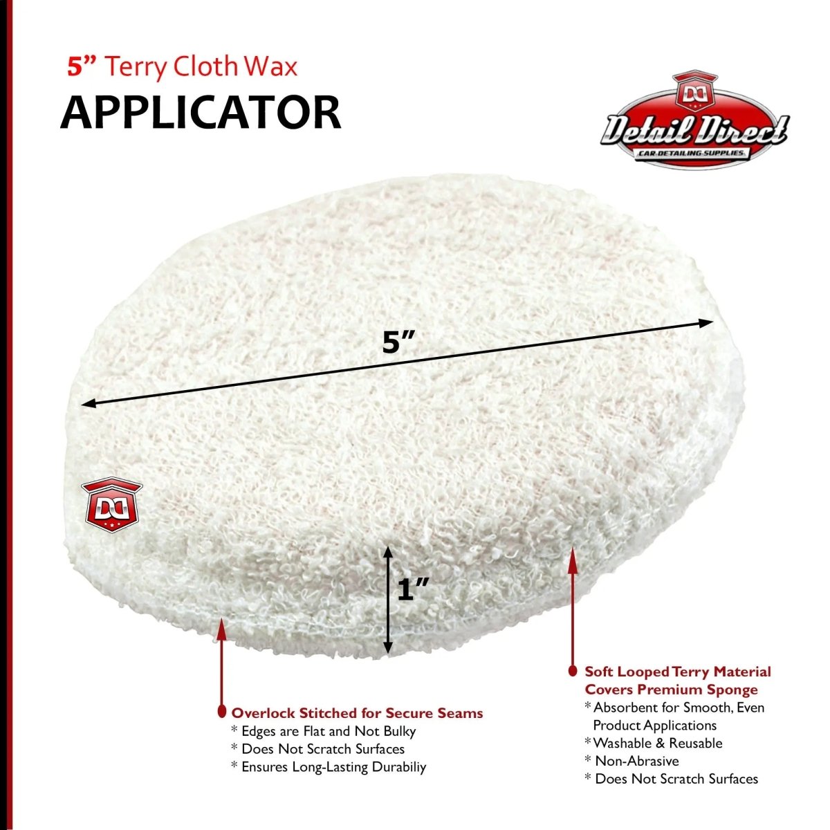 DETAIL DIRECT Terry Cloth Wax Applicator Pads 5 Inch Round - Detail Direct