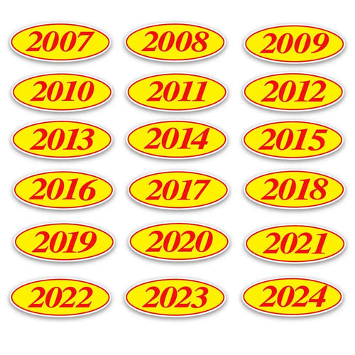 Yellow & Red Year Oval Windshield Decal (12 Pack) - Detail Direct